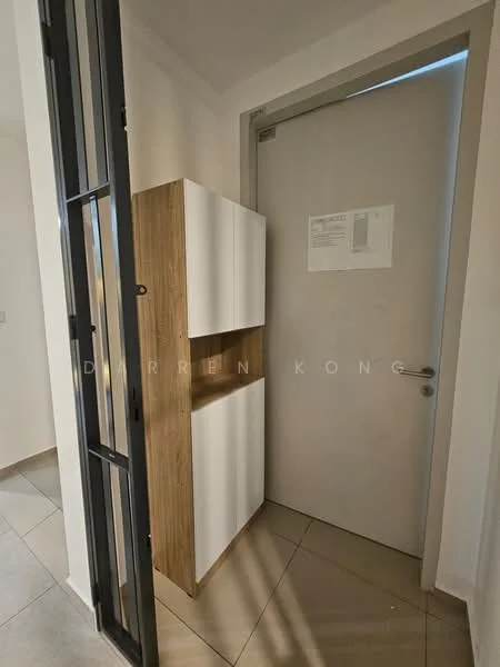Room features: white painted walls, light brown wooden cabinet, grey tiled flooring, interior door with handle, glass panel door, natural light from window; style: modern.