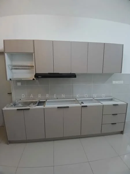 Kitchen features: grey flat-panel cabinets, stainless-steel sink, chrome pull-down faucet, built-in range hood, ceramic tile backsplash, white countertop, open shelving, drawer storage, under-sink cabinet, wall-mounted cabinet, tile flooring; style: modern.