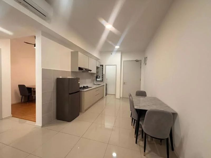 Kitchen features: white cabinets, grey countertop, stainless-steel fridge, built-in gas stove, wall-mounted range hood, ceramic tile flooring, recessed downlights, open layout, dining table with grey upholstered chairs; style: modern. Dining features: dining table with marble top, 4 grey upholstered chairs; style: modern.