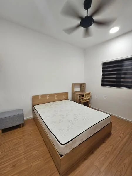 Bedroom features: queen-size bed, wooden bed frame, ceiling fan, wooden flooring, white painted walls, blackout window blinds, study desk, wooden chair, grey upholstered bench; style: modern.