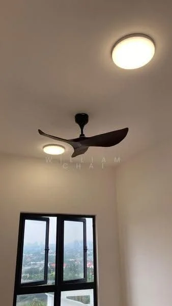 Room features: ceiling fan with 3 blades, 2 ceiling lights, white painted walls, black framed window; view: city.