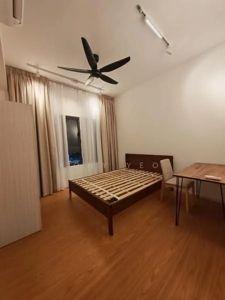 Bedroom features: wooden flooring, white painted walls, ceiling fan, floor-to-ceiling window, sheer curtains, unframed window, bed frame without mattress, study desk, chair; style: minimalist; view: city.