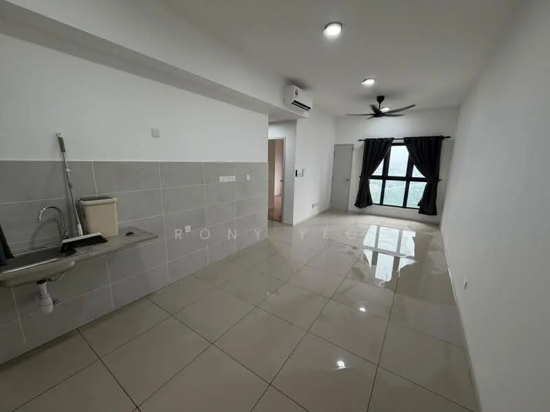 Room features: white painted walls, grey tiled flooring, 5-blade ceiling fan with light, floor-to-ceiling window, blackout curtains, kitchenette with sink, wall-mounted air conditioning unit, doorway leading to another room; style: modern; view: garden.