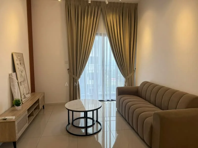 Living features: 3-seater fabric sofa in beige, round coffee table with black metal base, light-colored wall with no visible decor, floor-to-ceiling window with sheer curtains, cream-colored tiled flooring, light brown wooden TV console, decorative plant on console, curtains in light beige color; style: modern.
