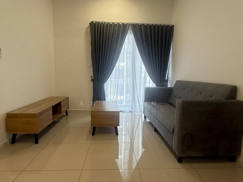 Living features: grey fabric sofa, wooden coffee table, wooden TV console, floor-to-ceiling windows, blackout curtains, white painted walls, glossy tile flooring, recessed downlights; style: modern.