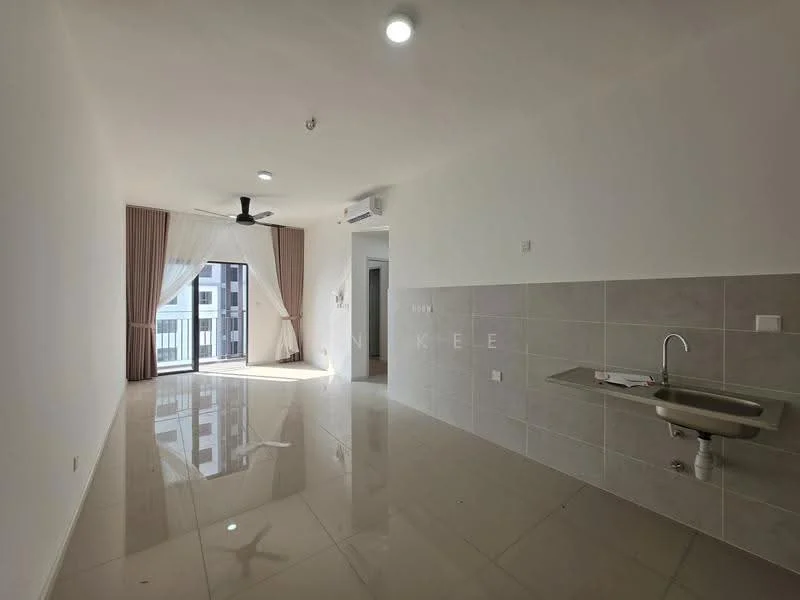 Living features: white painted walls, glossy ceramic tile flooring, 5-blade ceiling fan with light, floor-to-ceiling windows, sliding glass door, sheer curtains, recessed downlights, wall-mounted air conditioning unit, kitchenette with stainless-steel sink; style: modern; view: city.