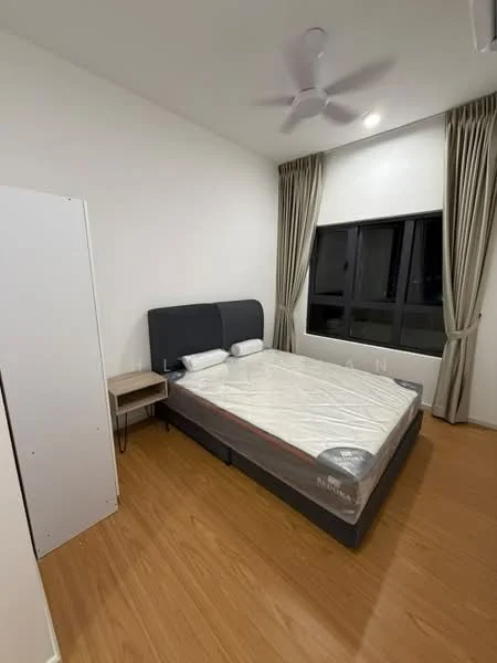 Bedroom features: queen-size bed, upholstered headboard, bedside table, floor-to-ceiling window, curtains, ceiling fan, laminate flooring, white painted walls; style: modern.