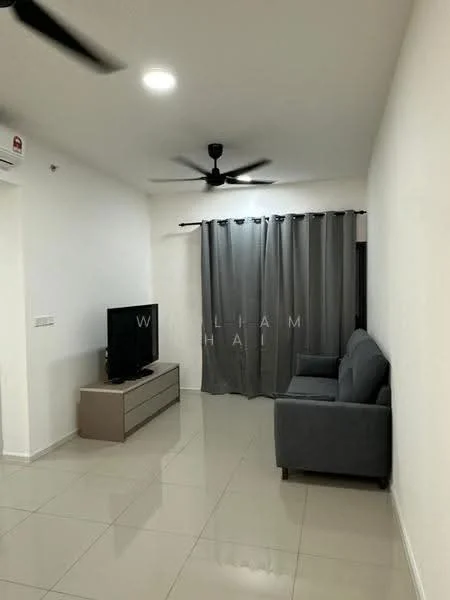 Living features: grey fabric sofa, TV console, wall-mounted TV, recessed LED downlights, 5-blade ceiling fan, grey curtains, cream painted walls, glossy tile flooring, air conditioning unit; style: modern.