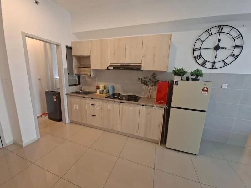 Kitchen features: light wood cabinetry, grey tiled backsplash, stainless-steel sink, chrome pull-down faucet, 4-burner gas hob, built-in oven, refrigerator in cream color, countertop with grey surface, wall clock, floor tiles in cream, potted plant, open shelving; style: modern. Room features: doorway leading to another room, laundry area with washing machine.