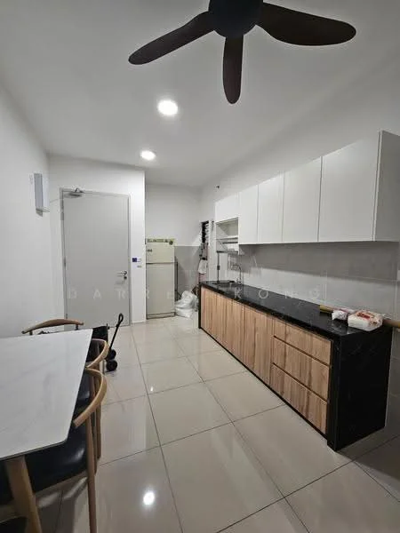 Kitchen features: white cabinets, wooden cabinetry, black countertop, stainless-steel fridge, built-in oven, ceramic tile flooring, recessed LED downlights, 5-blade ceiling fan, dining table with marble top, 4 dining chairs; style: modern.