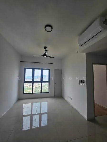 Room features: white painted walls, polished tile flooring, 5-blade ceiling fan, wall-mounted split AC, floor-to-ceiling window, curtain rod, door to adjacent room, light fixture; style: modern; view: city.