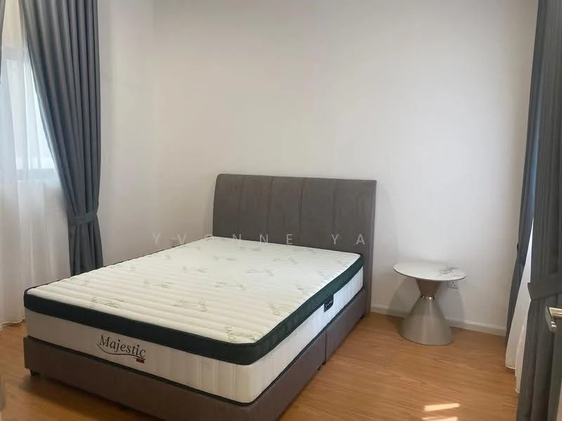 Bedroom features: queen-size bed with upholstered headboard, mattress on bed frame, side table with round top, curtains in grey, white painted walls, laminate flooring, window with sheer curtains; style: modern.