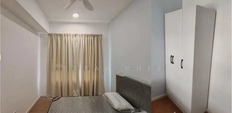 Bedroom features: light wood flooring, white painted walls, ceiling fan, floor-to-ceiling window with sheer curtains, built-in wardrobe with white doors, queen-size bed, decorative bed headboard, natural light from window; style: modern.