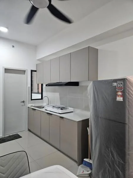Kitchen features: light grey cabinetry, white countertop, stainless-steel sink, chrome pull-down faucet, built-in gas stove, exhaust hood, stainless-steel fridge, ceramic tile flooring, white tiled backsplash, wall-mounted cabinet, window for natural light, ceiling fan; style: modern.