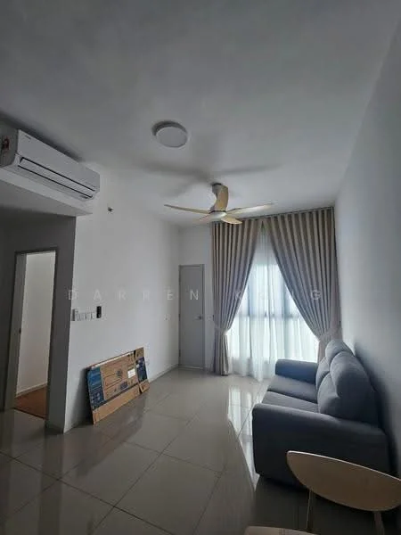 Living features: grey fabric sofa, ceiling fan with light, wall-mounted split AC, large window with sheer curtains, white painted walls, glossy tile flooring, light-colored wooden door, decorative wall panel, area rug; style: modern.