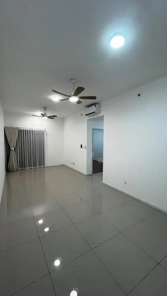 Living features: white painted walls, glossy ceramic tile flooring, 3-blade ceiling fan, 2-blade ceiling fan, recessed LED downlights, floor-to-ceiling windows with sheer curtains, air conditioning unit, neutral color scheme; style: modern.