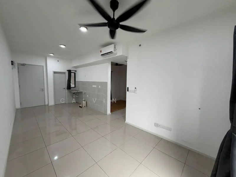 Room features: white painted walls, glossy tile flooring, 5-blade ceiling fan, wall-mounted split AC, grey tiled accent wall, doorway leading to another room, light switch, window with curtain, neutral color scheme; style: modern.