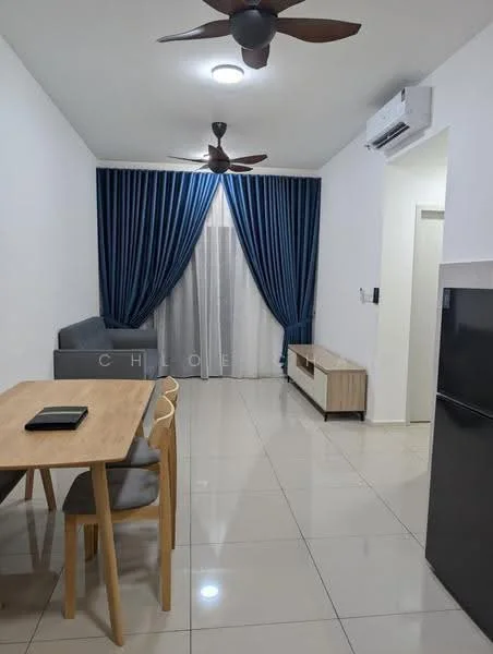 Living features: grey fabric sofa, wooden dining table, 4 wooden dining chairs, white painted walls, glossy tile flooring, 2 ceiling fans, curtains in blue fabric, TV console in light wood, black refrigerator, air conditioning unit on wall; style: modern.