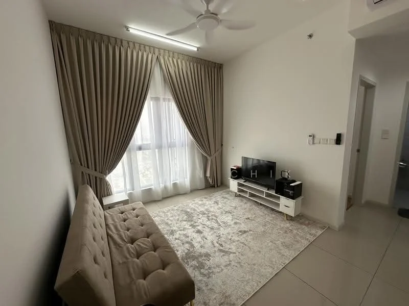Living features: beige fabric sofa, area rug with geometric pattern, white TV console, wall-mounted TV, floor-to-ceiling windows, sheer curtains, recessed downlights, ceiling fan, cream painted walls, light-colored tiled flooring; style: modern.
