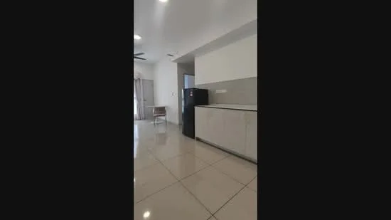 Kitchen features: white cabinets, grey countertop, stainless-steel fridge, ceramic tile flooring, recessed downlights, wall-mounted AC unit, window with sheer curtains, open layout; style: modern.
