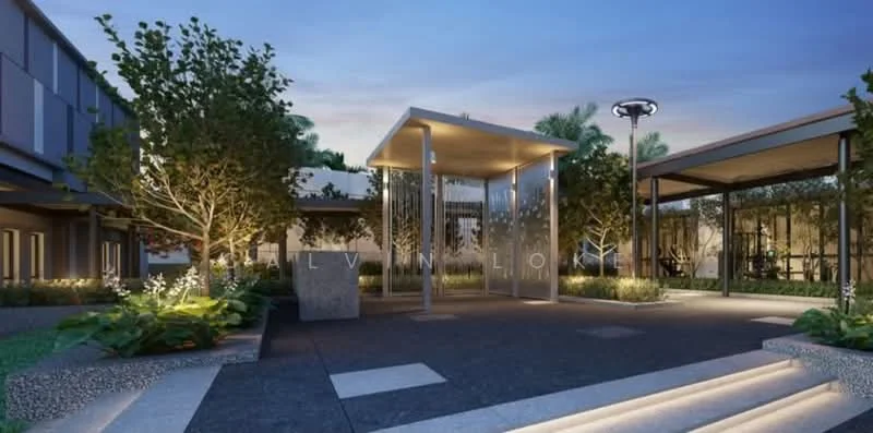 Exterior type: landscape garden; features: modern pavilion structure, landscaped garden with trees, pathway with stone paving, outdoor lighting fixtures, decorative stone feature, greenery with shrubs and plants, seating area under pavilion, soft ambient lighting, open space layout; style: modern.