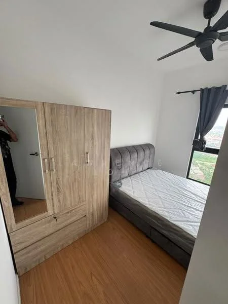 Bedroom features: queen-size bed, upholstered headboard, wooden wardrobe with mirror, floor-to-ceiling window, grey curtains, ceiling fan, laminate flooring, white painted walls; style: modern; view: city.
