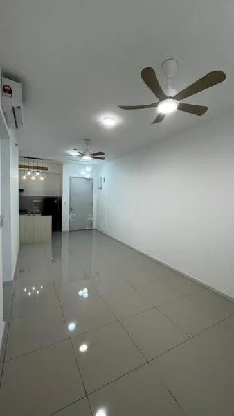 Living features: white painted walls, glossy ceramic tile flooring, 2 ceiling fans with light, recessed downlights, air conditioning unit, open layout, neutral color scheme, no visible furniture; style: modern.