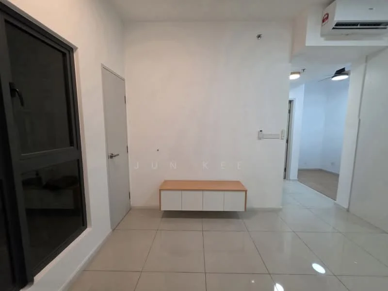 Room features: white painted walls, glossy ceramic tile flooring, floor-to-ceiling window, wall-mounted split AC, light fixture on ceiling, built-in storage bench, neutral color scheme; style: modern.