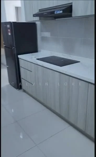 Kitchen features: grey wood cabinetry, white marble countertop, black built-in stove, black range hood, stainless-steel fridge, ceramic tile flooring, white tiled backsplash, single-bowl stainless-steel sink; style: modern.