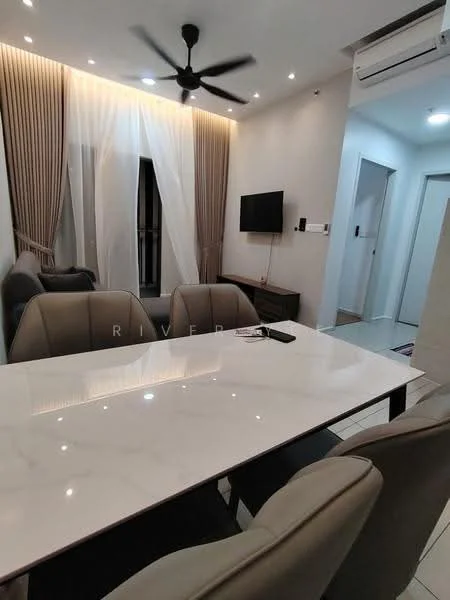 Dining features: marble dining table, upholstered dining chairs in grey, 5-blade ceiling fan with light, wall-mounted TV, curtains, recessed lighting, white walls, tile flooring, sofa in grey, wooden TV console; style: modern. Living features: sofa in grey, wall-mounted TV, wooden TV console, curtains, recessed lighting, white walls, tile flooring; style: modern.