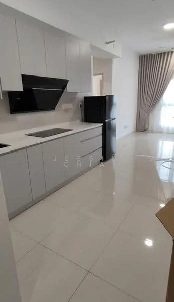 Kitchen features: white cabinetry, black countertop, stainless-steel sink, chrome pull-down faucet, built-in oven, freestanding fridge in black, ceramic tile flooring, recessed downlights, window with sheer curtains, open layout, wall-mounted range hood; style: modern.