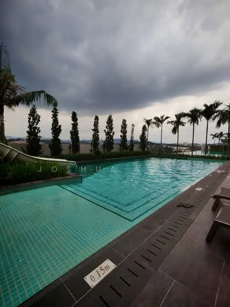 Exterior type: swimming pool deck; features: infinity pool, tiled pool deck, surrounding palm trees, landscaped greenery, poolside loungers, water slide, depth marker at 0.15m, city view in background; style: modern.