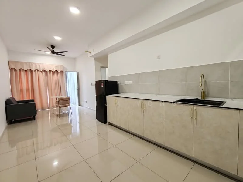 Kitchen features: single-bowl stainless-steel sink, chrome pull-down faucet, light-colored cabinetry with gold handles, grey tiled backsplash, ceramic tile flooring, refrigerator, 5-blade ceiling fan, open-plan layout, window with sheer curtains, dining table, sofa, natural light from window; style: modern.