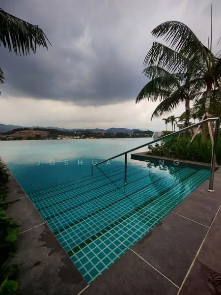 Exterior type: swimming pool deck; features: infinity pool, tiled pool with turquoise mosaic tiles, metal handrail, surrounded by palm trees, landscaped garden, view of hills in background, cloudy sky; style: modern.