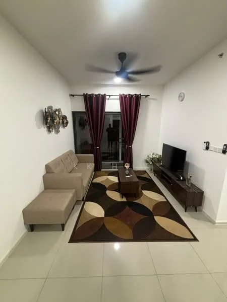 Living features: 3-seater fabric sofa in beige, coffee table, wall-mounted TV, TV console, area rug with geometric pattern, 5-blade ceiling fan with light, floor-to-ceiling windows, sheer curtains in burgundy, white painted walls, polished ceramic tile flooring; style: modern.