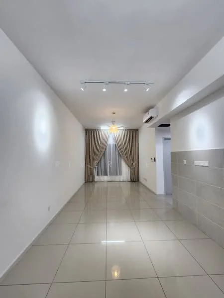 Living features: white painted walls, glossy ceramic tile flooring, recessed downlights, 5-blade ceiling fan with light, floor-to-ceiling windows, sheer curtains, grey curtain drapes, air conditioning unit, neutral color scheme, open layout; style: modern.