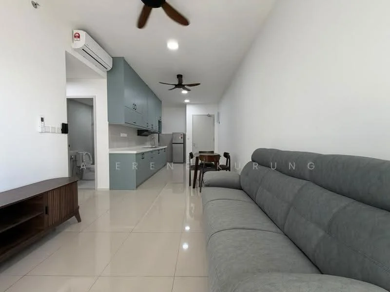 Living features: grey fabric 3-seater sofa, wooden TV console, white painted walls, glossy tile flooring, ceiling fan, recessed downlights, open layout to kitchen, large windows for natural light; style: modern. Kitchen features: blue cabinetry, stainless-steel fridge, built-in oven, 4-burner gas hob, white countertop, tile backsplash, open shelving, recessed lighting; style: modern.