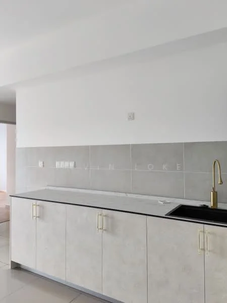 Kitchen features: light grey cabinetry with gold handles, black countertop, single-bowl stainless-steel sink, gold gooseneck faucet, grey tiled backsplash, white walls, tile flooring, built-in electrical outlets; style: modern.