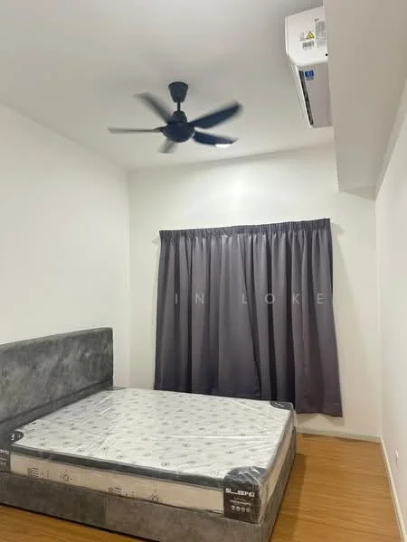 Bedroom features: grey upholstered bed frame, queen-size mattress, 5-blade ceiling fan, wall-mounted split AC unit, dark grey curtains, wooden flooring, white painted walls; style: modern.