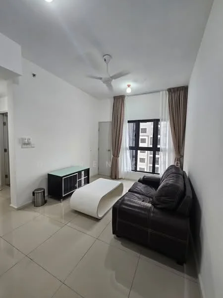 Living features: 3-seater leather sofa in dark brown, white coffee table with curved design, floor-to-ceiling windows, sheer curtains, recessed downlights, ceiling fan, cream painted walls, glossy ceramic tile flooring, waste bin, door leading to hallway; style: modern.