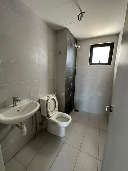 Bathroom features: white ceramic toilet, wall-mounted sink, chrome faucet, grey tiled walls, light grey tiled flooring, shower area with wall-mounted showerhead, small window, ceiling light fixture; style: modern.