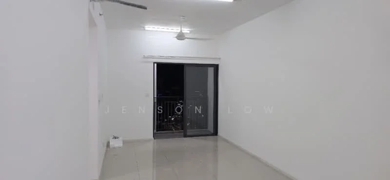 Room features: white painted walls, polished floor tiles, ceiling fan, sliding glass door, floor-to-ceiling windows, balcony access, neutral color scheme, no visible furniture; style: modern; view: city.