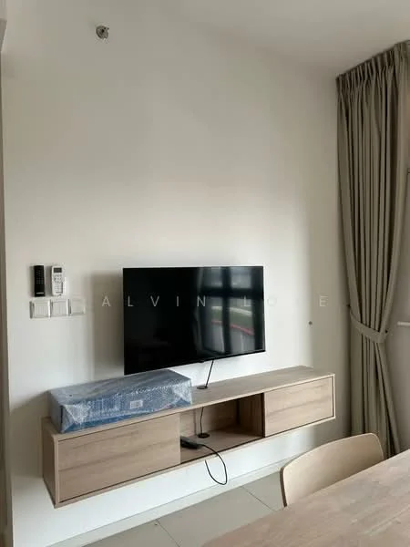 Living features: white painted walls, light-colored tiled flooring, wall-mounted TV, wooden TV console, curtains, intercom system, cable management system, minimalist decor; style: modern.