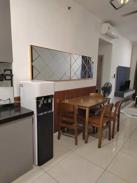 Dining features: 4-seater wooden dining table, wooden dining chairs, mirror with diamond pattern frame, white walls, tile flooring, wall-mounted TV, wall-mounted fan, 1 wall-mounted split AC; style: modern. Kitchen features: black granite countertop, stainless-steel fridge, water dispenser, built-in cabinetry, kitchen appliances visible; style: modern.