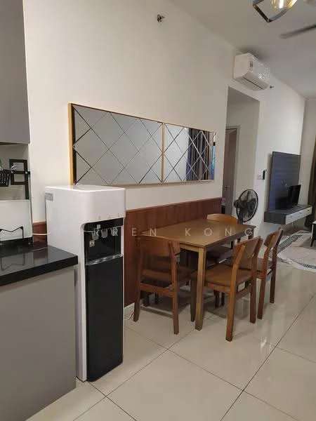 Dining features: square dining table, 4 wooden dining chairs, white refrigerator, black water dispenser, mirror with diamond pattern, cream painted walls, glossy tile flooring, wall-mounted TV, ceiling fan, air conditioning unit; style: modern.