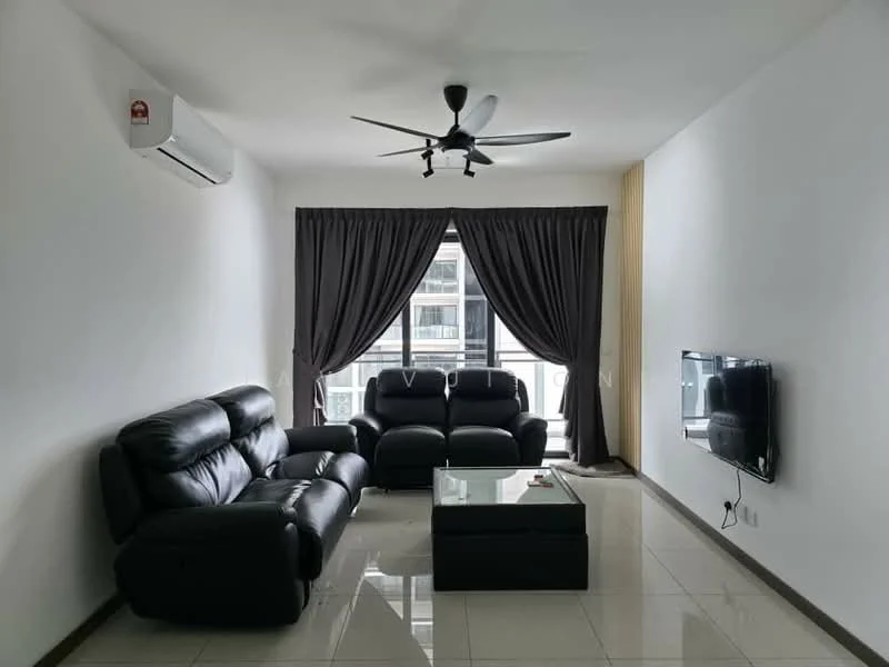 Living features: 3-seater leather sofa in black, 2-seater leather sofa in black, glass coffee table, wall-mounted TV, floor-to-ceiling windows, blackout curtains, white painted walls, tile flooring, 1 wall-mounted split AC, 5-blade ceiling fan with light; style: modern.