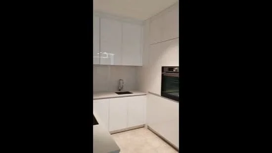 Kitchen features: white shaker cabinets, quartz countertop, single-bowl stainless-steel sink, chrome pull-down faucet, built-in oven, built-in microwave, ceramic tile flooring, recessed downlights, grey backsplash, open shelving; style: modern.