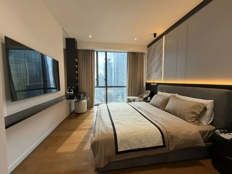 Bedroom features: king-size bed with beige bedding, upholstered headboard, wall-mounted TV, floor-to-ceiling windows, city skyline view, wooden flooring, recessed lighting, curtains, side table with lamp, built-in wardrobe with sliding doors; style: modern; view: city.