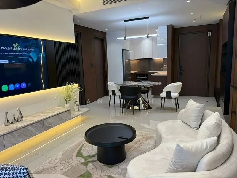 Living features: white fabric sofa, black coffee table, area rug with floral pattern, wall-mounted TV, entertainment unit, recessed lighting, decorative wall paneling, floor-to-ceiling windows, dining table with chairs, kitchen island, modern cabinetry, stainless-steel appliances; style: modern.