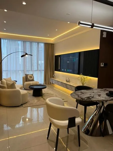 Living features: sofa in cream fabric, 2 accent chairs in cream, round coffee table in black, TV console with wall-mounted TV, decorative wall paneling, recessed LED downlights, floor-to-ceiling windows with sheer curtains, marble tile flooring, decorative vase with flowers, modern floor lamp, dining table with marble top, 4 upholstered dining chairs in white and black; style: modern; view: city.